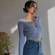Cable-Knit Button-Up Crop Top Purple - S