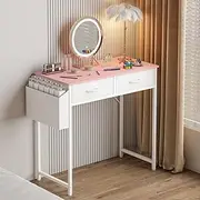 Advwin 80cm Small Desk with 2 Fabric Drawers and Storage Bag, Makeup Vanity Desk with Hooks, Home Office Computer Desk for Small Space Bedroom Living Room Workstation, Pink