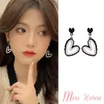 【MISS KOREA】韓國設計黑白撞色幾何愛心造型夾式耳環(無耳洞耳環 耳夾 夾式耳環 撞色耳環 愛心耳環)