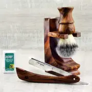 Barber Salon Wooden Shaving Kit Synthetic Hair Brush Cut Throat Straight Razor