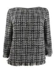 Anne Klein Women's Tweed Fringe-Trim Top (XXS, Zinc/Anne Black Combo)