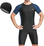 [WOTOW] Men’s Swim Short Sleeve UPF 50+ Swimshirts with Shorts and Cap Set, Quick Dry Breathable Two Pieces Bathing Suit, Fit Compression Swimwear Set for Surfing Fitness Fishing Swimming Black-Blue