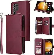 [YocoverTech] for Samsung S25 Ultra 5G Case, for Galaxy S25 Ultra 5G Wallet Case[9 Card Slots+1 Cash Slot] PU Leather Stand Flip Zipper Wallet Cover[6.9 inch]-Wine Red