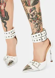 [AZALEA WANG] White Ripley Patent Buckle Heels