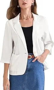 [Allegra K] Women's Linen Blazer 3/4 Sleeves Casual Office Work One Button Notched Lapel Suit Blazer
