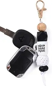 [Kinsynko] Bracelet Key Ring Wristlet Keychain for Men Women Teacher Appreciation Week Gift, Coffee Teach Repeat Good Luck Charm, Black Silicone Bead Key Ring Car Key