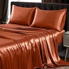 3Pcs Satin Sheet Set Twin Size Ultra Silky Soft Autumn Orange Satin Twin Bed She