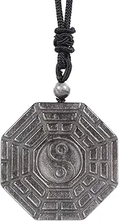 [Justinstones] 40mm Silver Obsidian bagua Chakra Pendant Adjustable Necklace 16-26 inch, Stone, Agate
