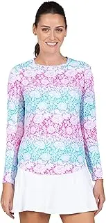 [IBKUL] Athleisure Wear Sun Protective UPF 50+ Icefil Cooling Tech Jesse Print Long Sleeve Crew Neck – 12538 Hot Pink/Turq Jesse XS, Hot Pink/Turq Jesse