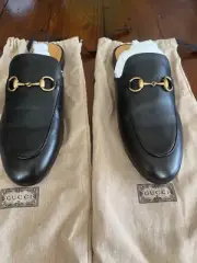 Women’s Gucci Jordaan Black Leather Gold Horsebit Mule Slipper Flat Loafer 37.5