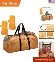 2 Pcs Firewood Carrier Tote and Welding Gloves Waxed Canvas Log Carrier Brown
