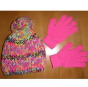 Girls Mystic Apparel HOT PINK Pom Pom Woven Hat & Gloves Set OSFM NWT