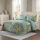 BEAUTIFUL GREEN BLUE TEAL AQUA PALM BROWN YELLOW BEACH TROPICAL LEAF QUILT SET