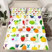 Toddlers ABC Fitted Sheet Twin Size Kids ABC Alphabet Bedding Set for Boys Teens Vegetables and Fruits Bed Sheet Set Breathable Kawaii Cute Bed Cover Room Decor