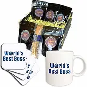 3dRose cgb_41823_1 Blue Text Worlds Best Boss with Globe on White Background-Coffee Gift Basket, Multicolor