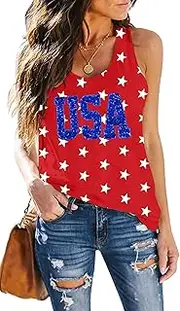 [MEESHEEP] American Flag Tank Top Women USA Star Sequin Sleeveless Tee Patriotic Shirt 4th of July Summer Vest Top, Red3, Large