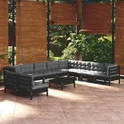 Generic 11 Piece Garden Lounge Set with Cushions Black Solid Pinewood,3096849
