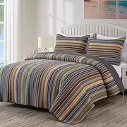 [Chezmoi Collection] Avery Striped Cotton Quilt Set Oversized King Size, 3-Piece Soft Pre-Washed 100% Cotton Quilt, Multi-Color Green