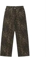 [Generic] Women's Retro Leopard Print Jeans Mid Waist Wide Leg Jeans Casual Loose Retro Hip Hop Street Flared Pants Loose Men Leopard Print Casual Pants Dark Grey