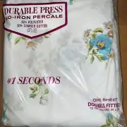 Vintage Durable Press Double Blue Floral Fitted Sheet Nip