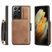 For Samsung Galaxy S21 Ultra CaseMe Back Zipper Wallet Case W/ 3 Card Slots, RFID Blocking, 1 Money Pocket, Credit Card Holder Leather Cover (Brown)