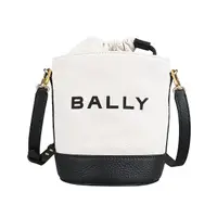 在飛比找momo購物網優惠-【BALLY】Bar經典字母LOGO帆布拼接牛皮斜背水桶包(