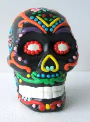 Day of the Dead Hand Painted 5 inch Black Plaster Skull Halloween DOD Decor