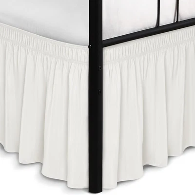 Wrap around Bed Skirts with Split Corners for Full Beds 14" Drop, Ivory Elastic