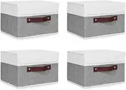 ANMINY 4PCS Storage Boxes with Lid Washable Decorative Storage Bins Basket with PU Leather Handle Foldable Linen Fabric Storage Cubes Containers for Home Closet Organizer - Gray White, Small Size