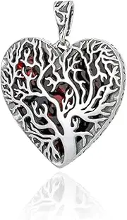[AMBEDORA] Women's Silver Pendant Heart with Tree of Life, Oxidised Sterling Silver, Heart Baltic Amber in Cognac Colour, Sterling Silver, Amber, Sterling Silver, Amber
