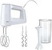 [Braun] MultiMix 3 HM 3105 Hand Mixer - Hand Mixer with 5 Speed Levels and Turbo Function, Includes Whisk, Dough Hook, Purée Stick and 600 ml Mixing and Measuring Cup, 500 Watt, White
