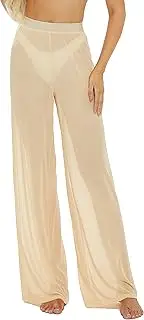 [Awoscut] Women See Through Sheer Mesh Pants Beach Swimsuit Bikini Bottom Cover up Party Club Elastic High Waist Wide Leg Pants