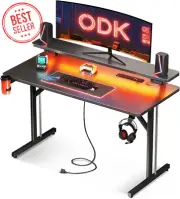 Gaming Desk with LED Lights & Power Outlets, 100x50x88cm, Monitor Shelf, Black