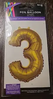 13" Gold Number 3 Mylar Foil Balloon W/Inflating Straw NEW In Original Package