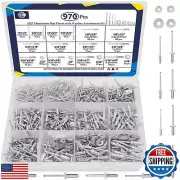 ZQZ 970Pcs Aluminum Pop Rivets with Washer Assortment Kit, 14 Sizes Silver Ri