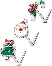 [OUFER] 3Pcs Nose Studs, Christmas 20G Nose Rings L Shaped Cute Santa Claus Tree Candy Cane Stainless Steel Nose Studs for Women Men-7MM