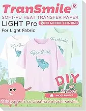 TranSmile PU-Heat Transfer Paper for T Shirts (20 Sheets,A4) Printable Heat Transfer Vinyl for Light Fabrics Iron on Transfers for Inkjet Printer (L-pro-20) Heat Transfer Paper