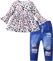 [Tearfuty] Toddler Baby Girls Love Leopard Print Long Sleeve Top + Double Brushed Trousers 2Pcs Outfits