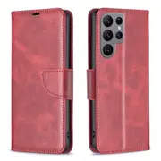 For Samsung Galaxy S24 Ultra Case, Lambskin Texture, Folio PU Leather Wallet, Lanyard, Red