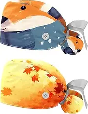 [YTYVAGT] 2-Pc,Nurse Scrub Caps,Scrub Hats with Buttons and Cotton Sweatband,Animal Red Winter Fox