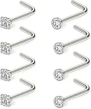 [IKOPFLN] 8 Pieces Curved Nose Stud Stainless Steel Nose Rings Cubic Zirconia Nose Stud Nose Screw L Shape Folded, Aab, M