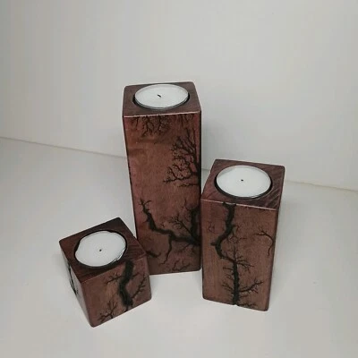 Handmade 3 Piece Wooden Candle Holder Set Lichtenberg Fractal Burn Rustic Decor