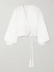 [Andres Otalora] Andres Otalora - La Costa Braid-trimmed Belted Linen Blouse - White - US6 US 6 White