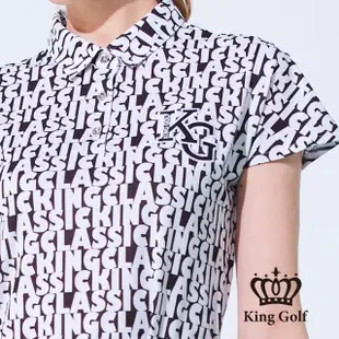 【KING GOLF】實體同步款-女款滿版字母印花刺繡涼感收腰短袖連身裙/高爾夫球洋裝(黑色)