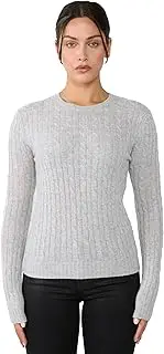 [JENNIE LIU] Women's 100% Cashmere Cable-Knit Long Sleeve Pullover Crew Neck Sweater, Grey, Medium