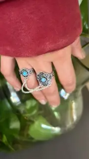 Ring Turquoise Silver Vintage Double Chain Adjustable Ring Size 4-7