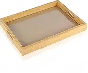 Rattan Bottom Glass Service Trays,Leather Surface Tray 17x13 in Food Drinks Tray for Coffee Table, Breakfast, Dinner & Bar,Kitchen