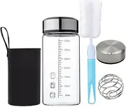 HENGFEI Glass Water Bottle 350ml with Shaker Ball, Small Glass Drink Bottle with 2 Steel Lids. (Black Sleeve)