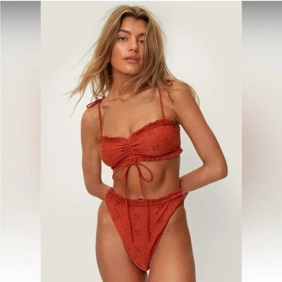 NEW Nasty Gal Broderie Ruched High Waist Bikini Set in Rust Size 10