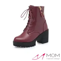 在飛比找momo購物網優惠-【MOM】真皮馬丁靴 粗跟馬丁靴/真皮保暖機能個性防水台繫帶